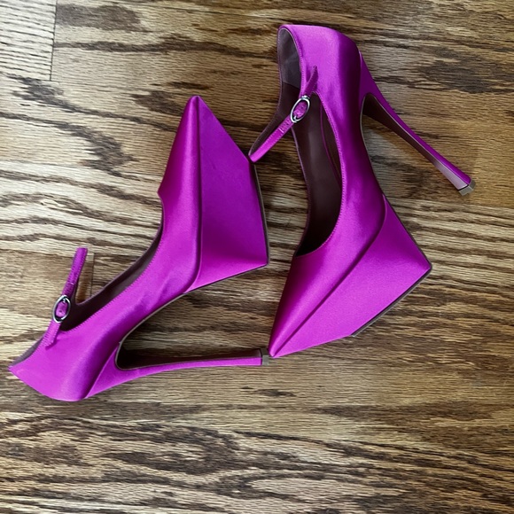 Amina Muaddi Pink Yigit Pointed Satin Platform Pumps in 40.5 - Picture 8 of 12